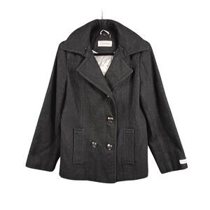 Calvin Klein Women Wool Blend‎ Double Breasted Hooded Peacoat  Charcoal Gray M